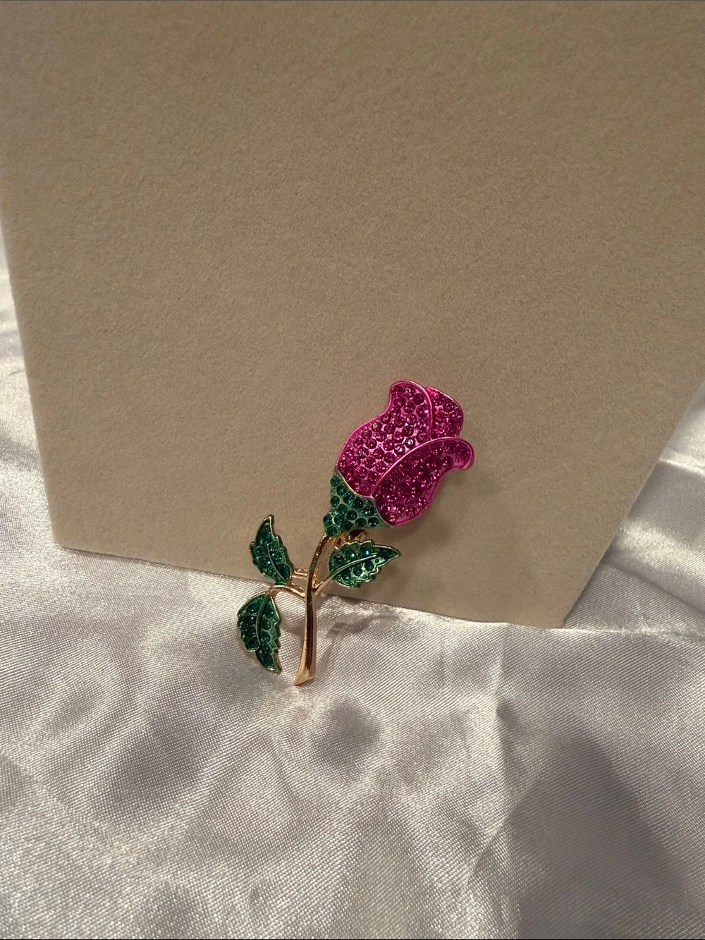 Pink Crystal Rose Brooch with Green Leaves - Women's Jewelry